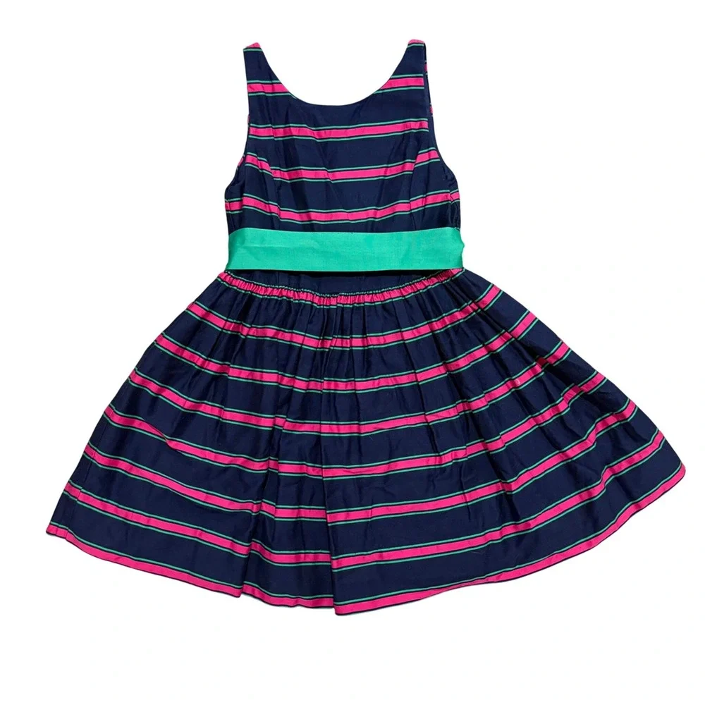 Ralph Lauren Girls Sz 8‎ Navy Pink Green Striped Bow Back Party Dress Sleeveless